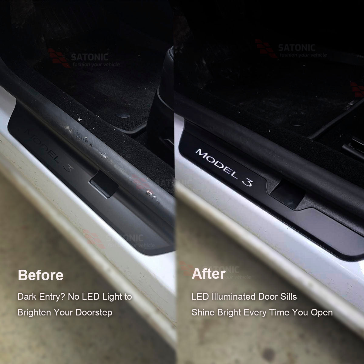 SATONIC LED イルミネーテッドドアシルで、あなたの Tesla Model 3
