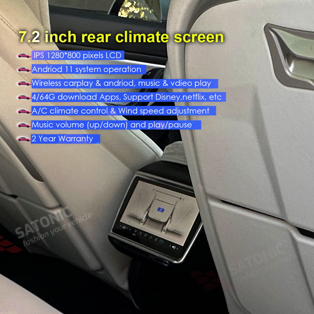7.2” Model 3 & Y Rear Entertainment & Climate Control Displayer
